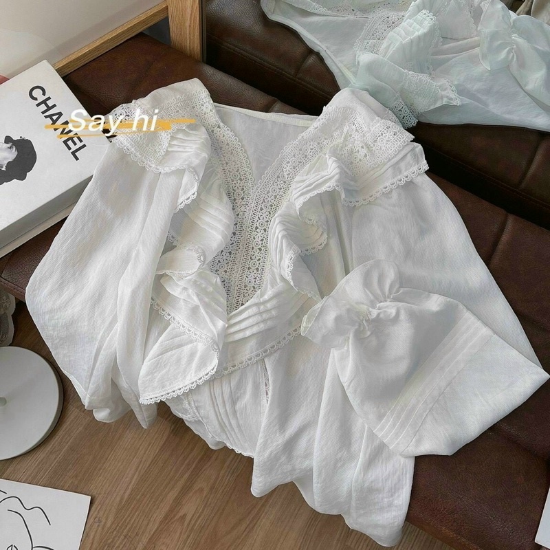 ✔ÁO TRẮNG CỔ BÈO CHẠY REN TAY BO