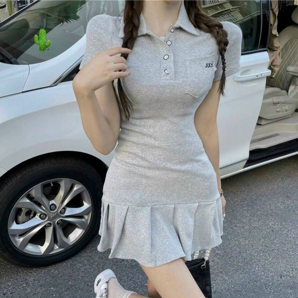 Đầm polo cài nút tay ngắn đuôi cá xếp ly xòe phối túi ngực phong cách Hàn Quốc