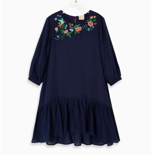 Đầm bé gái Puff Sleeves Floral Embroidery