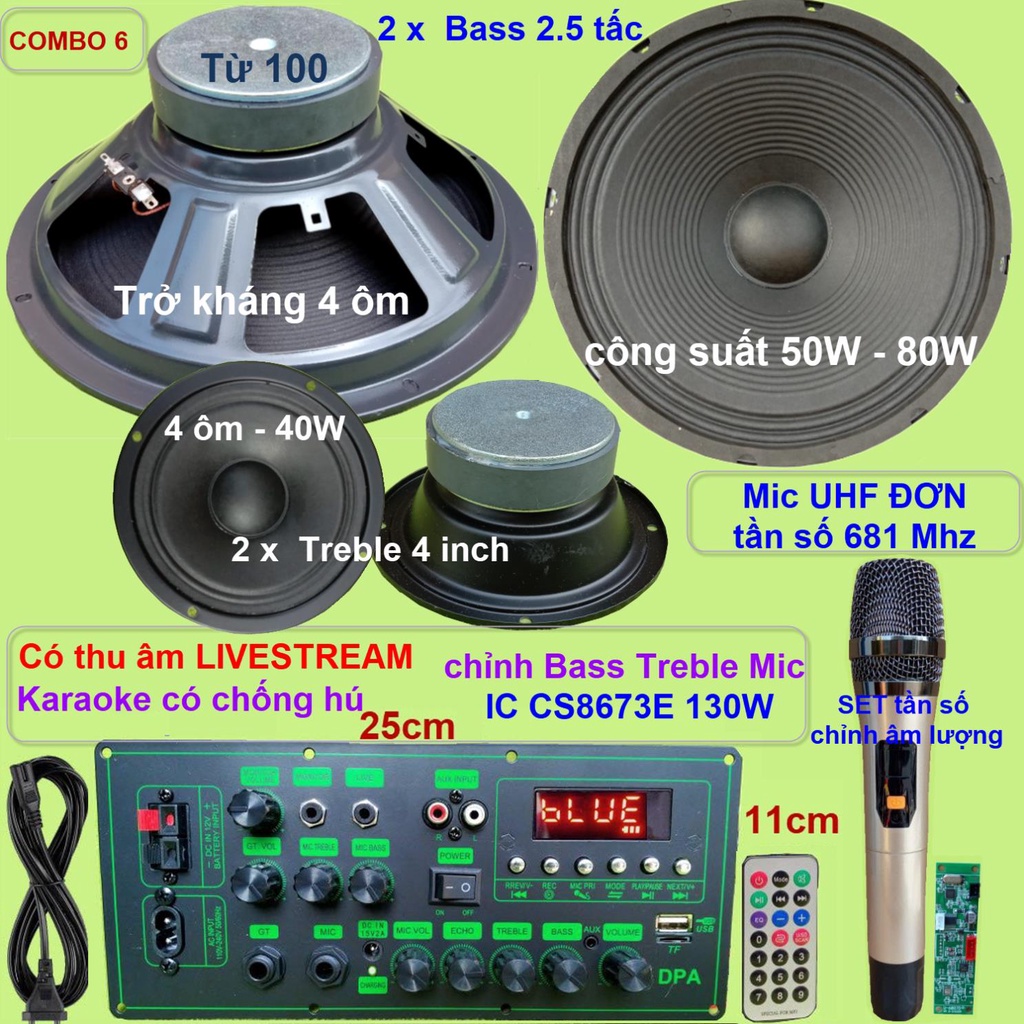 Combo loa kéo 2.5 tấc đôi CS8673E 130W Thu âm Livestream Karaoke có chống hú chỉnh Bass Treble Micro  nguồn xung 220V