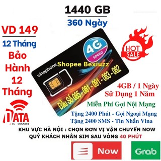 SIM VD149 12T- 1440GB ( Miễn Phí Data ) và Gọi Miễn Phí và nhắn tin Miễn Phí -Sản Phẩm Sử Dụng Bảo Hành 12 Tháng