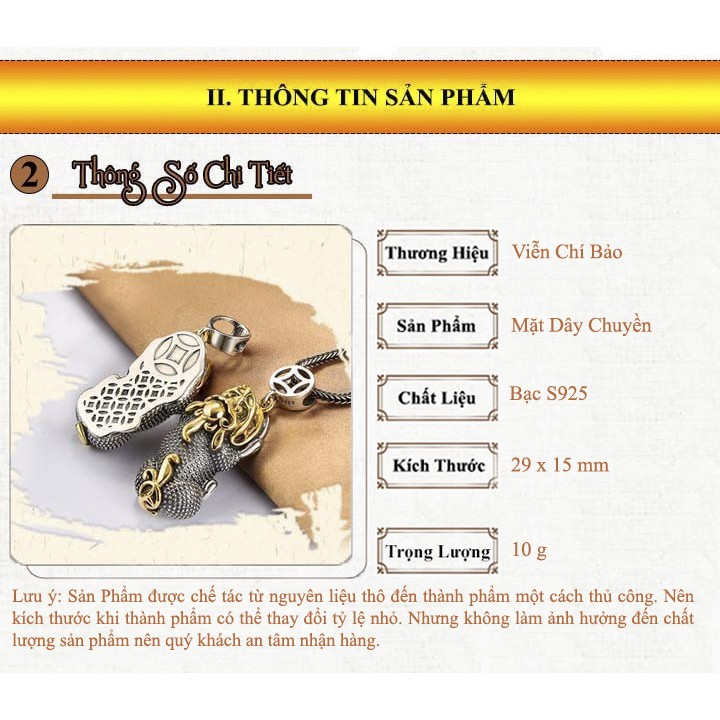 Mặt dây chuyền Tỳ Hưu Thiên Lộc chất liệu bạc Thái 925 thương hiệu Viễn Chí Bảo M100436