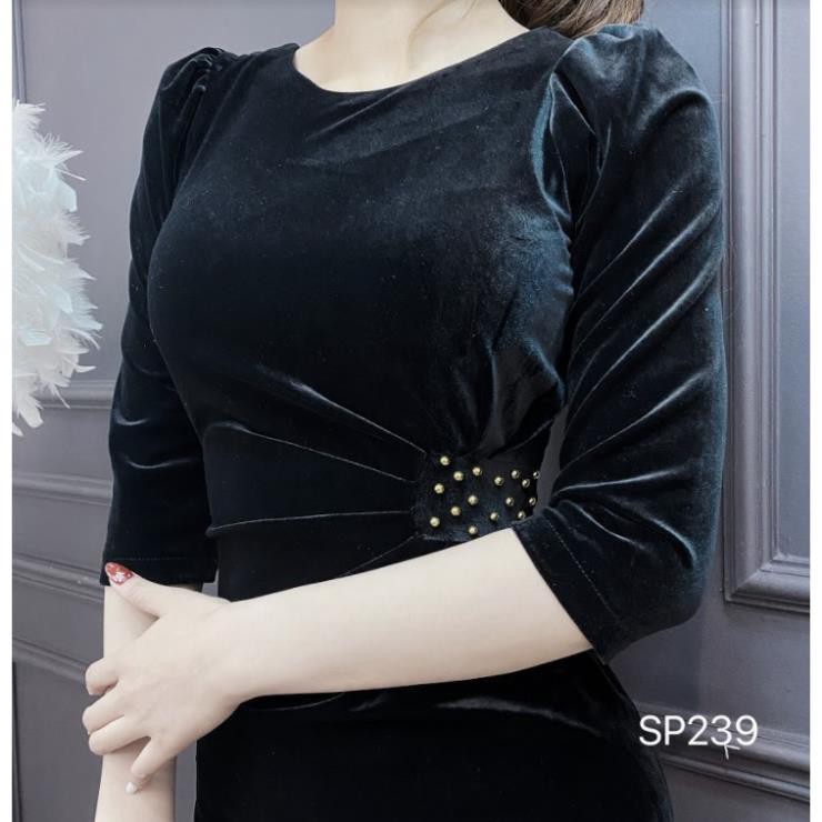 ADIOS Váy nhung ôm cổ tròn eo đính ngọc, váy nhung nữ body thời thượng - SP239 | BigBuy360 - bigbuy360.vn