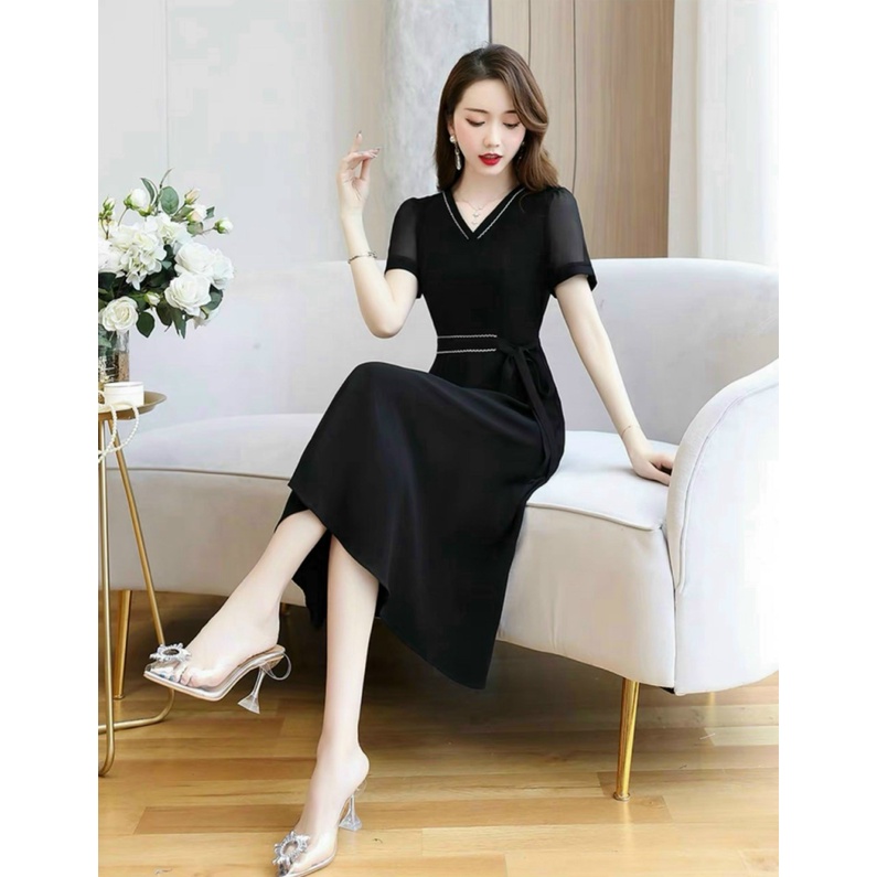 Đầm Dáng Dài Cổ tim Thắt Dây Eo Chất Voan Form Chẩn Mặc Đẹp Dáng Xinh [NEW UNISEX]