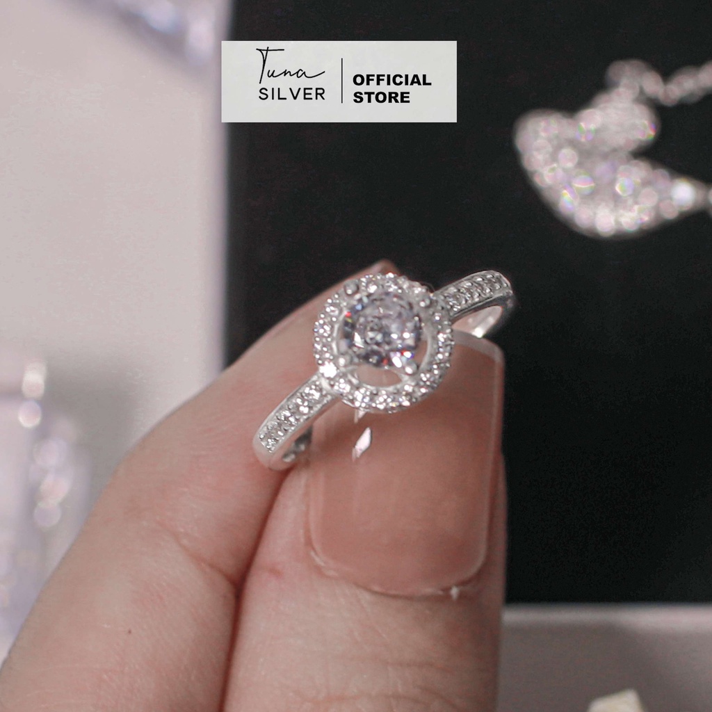 Nhẫn Bạc nữ đính đá tròn cao cấp, Nhẫn bạc đá cao đính đá TUNA SILVER, 𝑪𝒂𝒎 𝒌𝒆̂́𝒕 𝒄𝒉𝒖𝒂̂̉𝒏 𝑩𝒂̣𝒄 Trang sức Bạc cao cấp