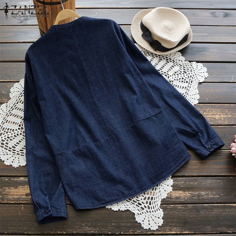 ZANZEA Phụ nữ Thường Cổ tròn Nút xuống Áo sơ mi dài tay denim