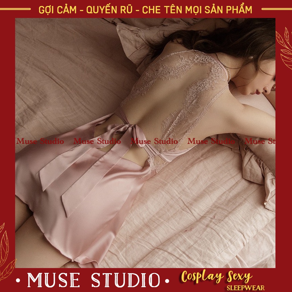 váy ngủ sexy, đầm ngủ hai dây gợi cảm phối ren ngực buộc nơ lưng quyến rũ - MUSE STUDIO MS005