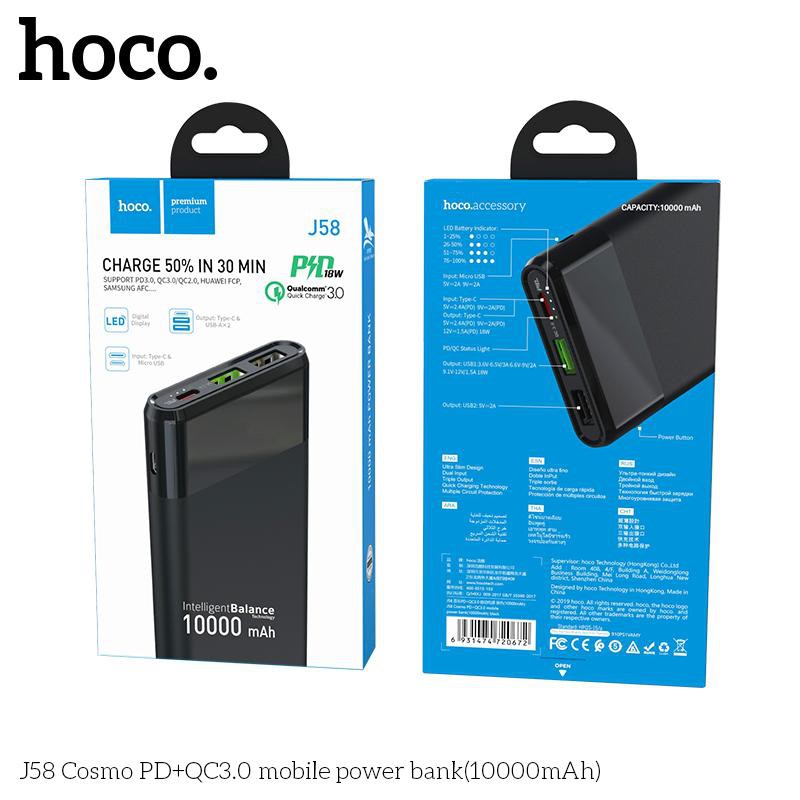 Pin dự phòng 10.000mAh HOCO J58 Chính hãng (Polymer A+, 2 cổng USB, 1 cổng Type-C 3.0A PD-QC3.0 18W) bảo hành 12 tháng