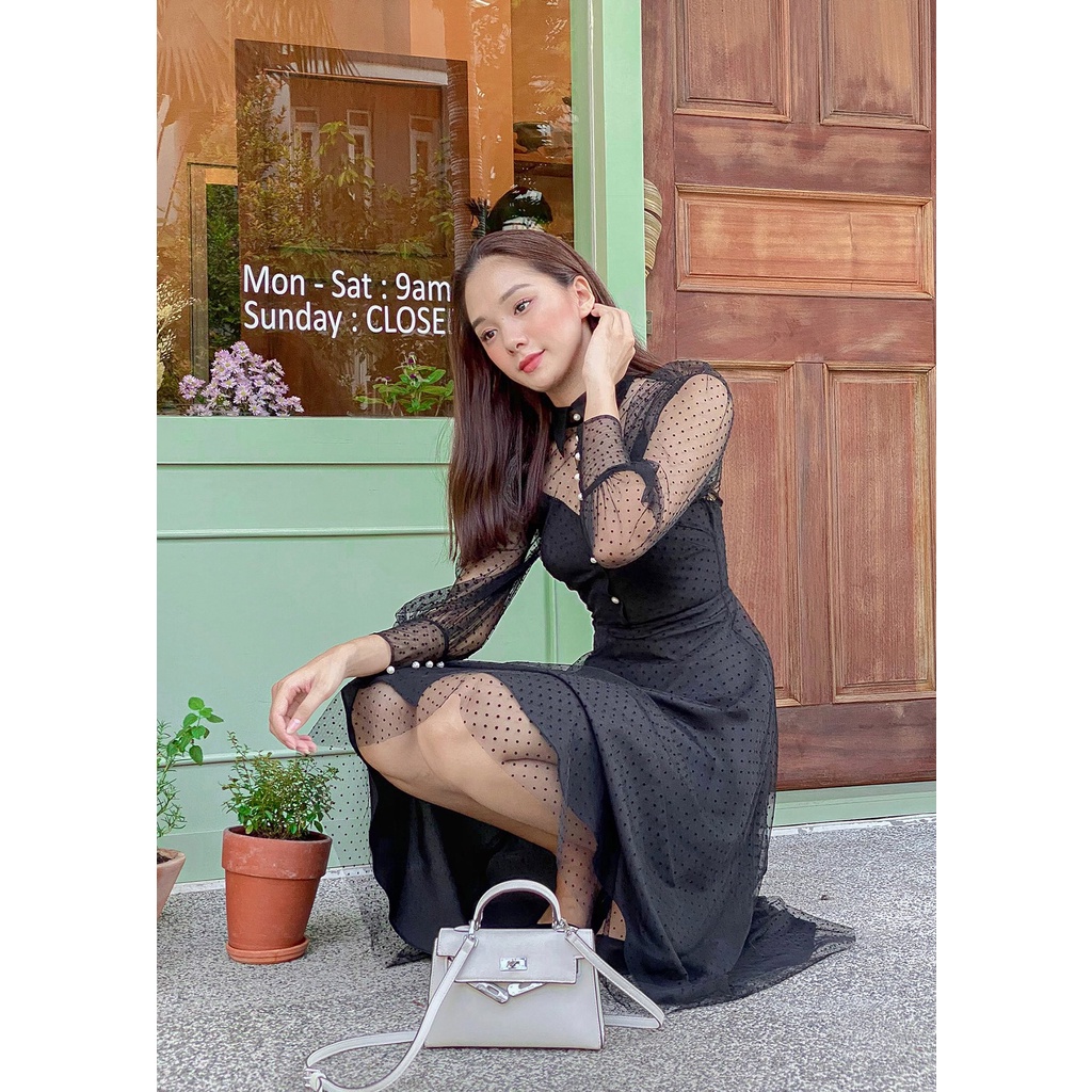 LYZA - Đầm đen lưới chấm bi lót lụa