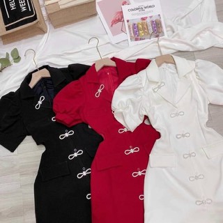 Đầm cổ vest khoét eo khoen nơ (kèm ảnh thật)
