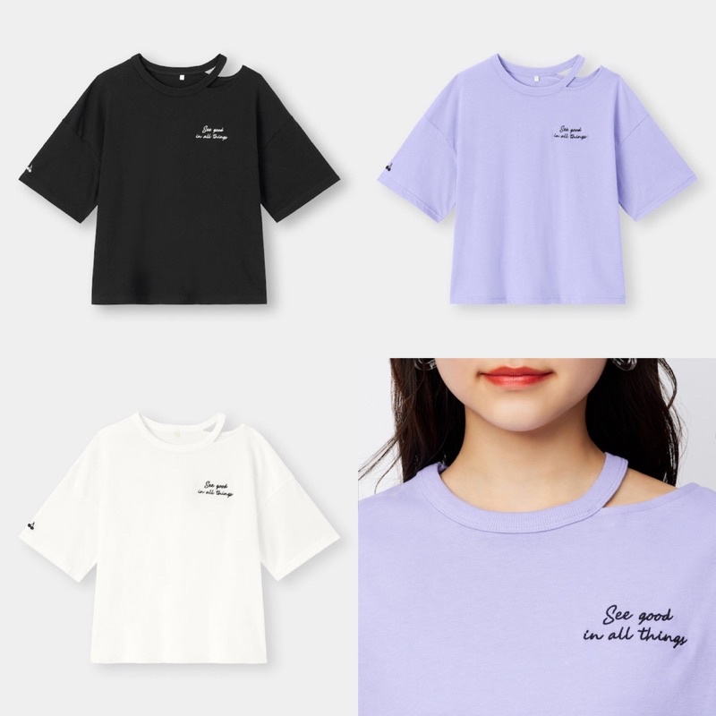 Áo phông ngắn tay bé gái tuổi teen hở vai See good in All thing xinh xắn của GU - Nhật