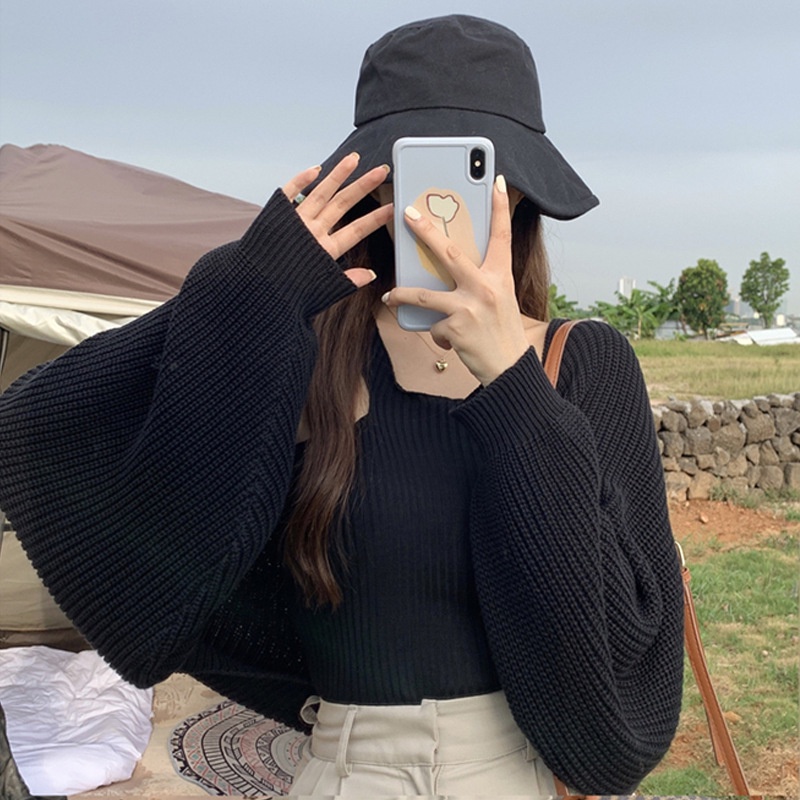 QKOOLE  Áo len và áo khoác cardigan  dáng rộng tay lồng đèn gợi cảm phong cách Hàn Quốc cho nữ