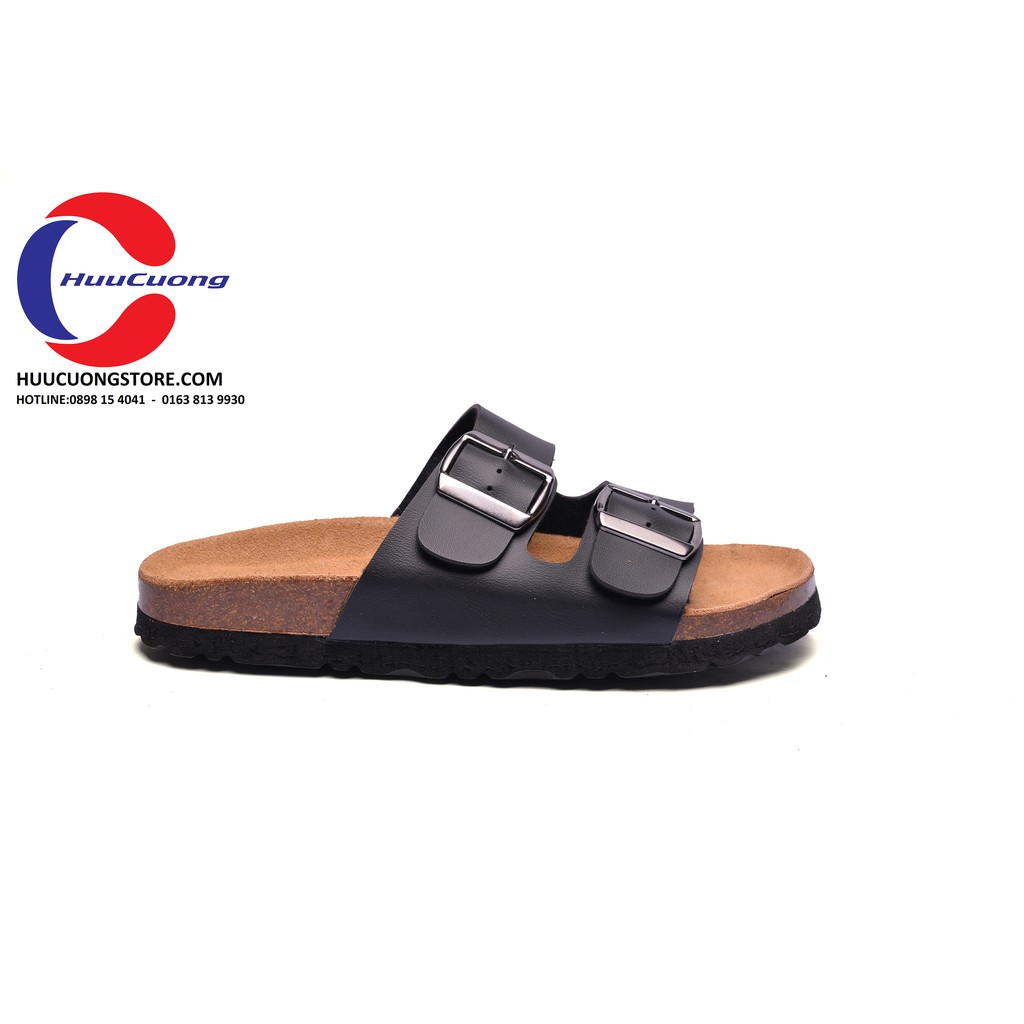 Dép sandal 2 khóa da pu đế trấu - nam nữ - màu đen