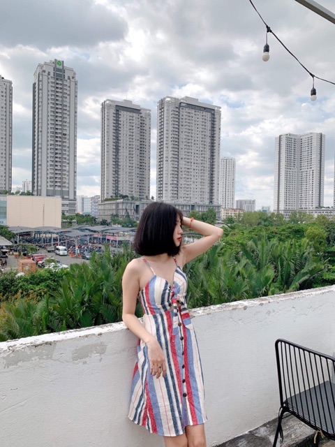 Đầm xinh Oreoo Dress chất vải line sọc from tôn dáng có kèm lót và mút ngực thiết kế cột nơ trước ngực sau lưng bo chun