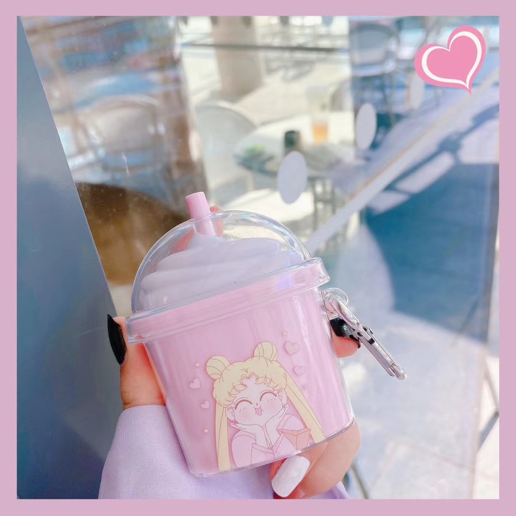 Lilyrose Store/ Airpods Case Fashion Cute Sailor Moon Ice Cream Wireless bluetooth headset Airpods 1 2 Case Hard AirPods 1 Cover Case With Hook