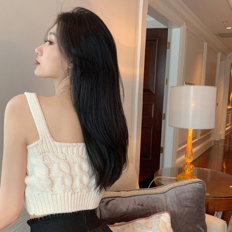 Áo dệt kim hai dây dáng ngắn ôm màu trắng đính đá thời trang mùa hè cho nữ