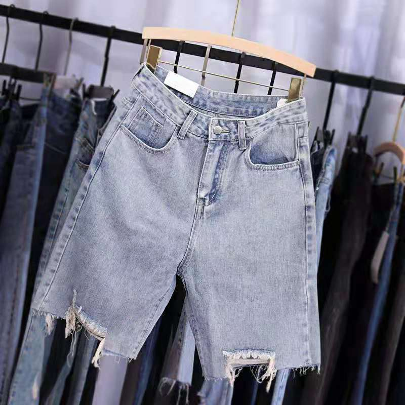 Fat mm Quần Short Denim Rách Năm Điểm Tw Rách Thô Cỡ Lớn mm Cỡ Lớn Thời Trang Mùa Hè Hàn Quốc Năm Điểm Cho Nữ