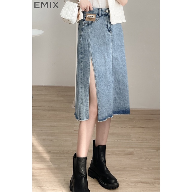 Chân váy jean xẻ chân EMIX, chân váy midi dáng dài, 1 lớp, cạp cao, dài 78cm, chất jean đứng dáng, xẻ chân cuốn hút CvJe