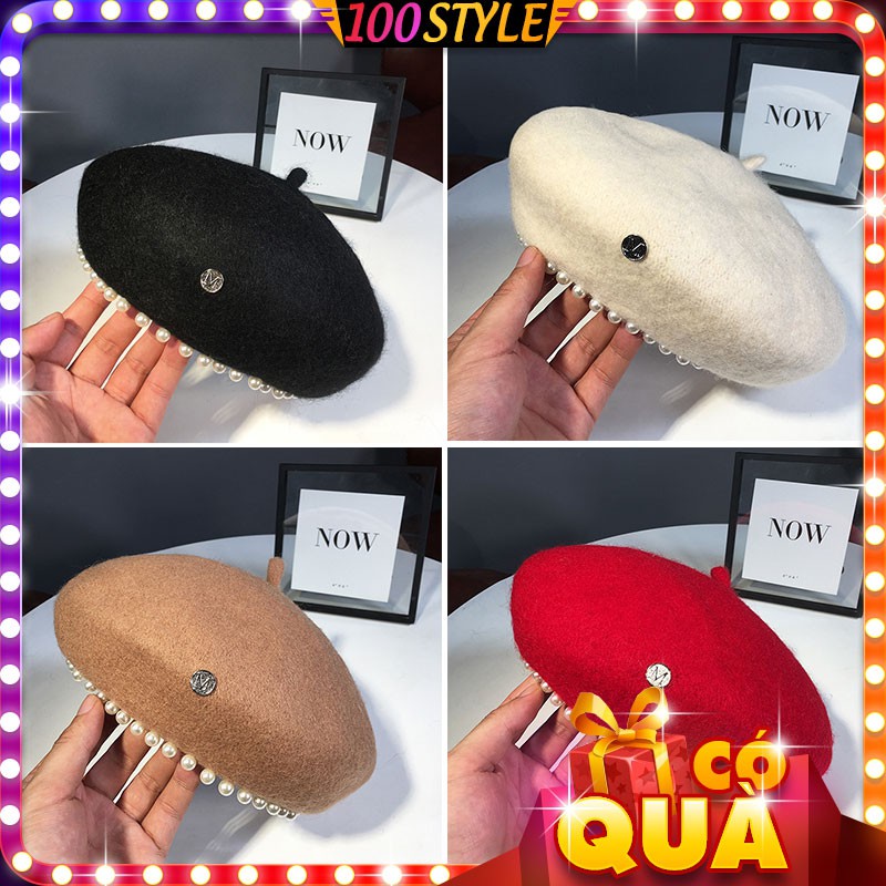 Nón Nồi Len Beret Viền Chuỗi Hạt Khuy Chữ Korea Style