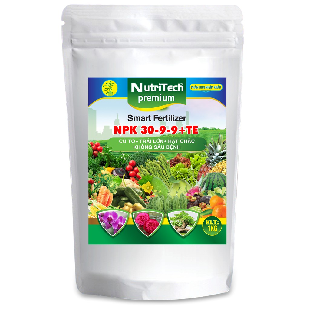 Phân bón NPK 30-9-9+TE NutriTech Premium (1 kg) Thích hợp cho những rau ăn lá và cây có múi như cam, chanh…