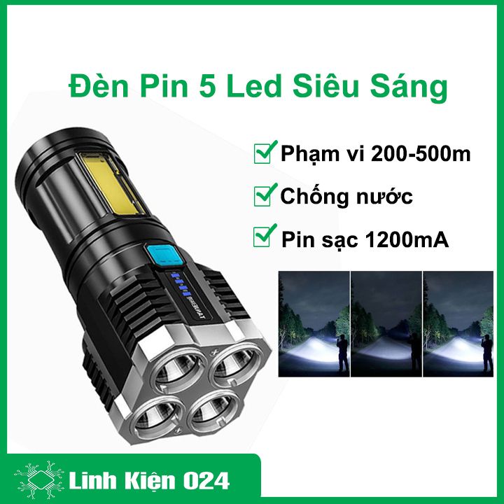 Đèn pin 5 led COB siêu sáng chống nước IPX4 (chưa gồm pin)