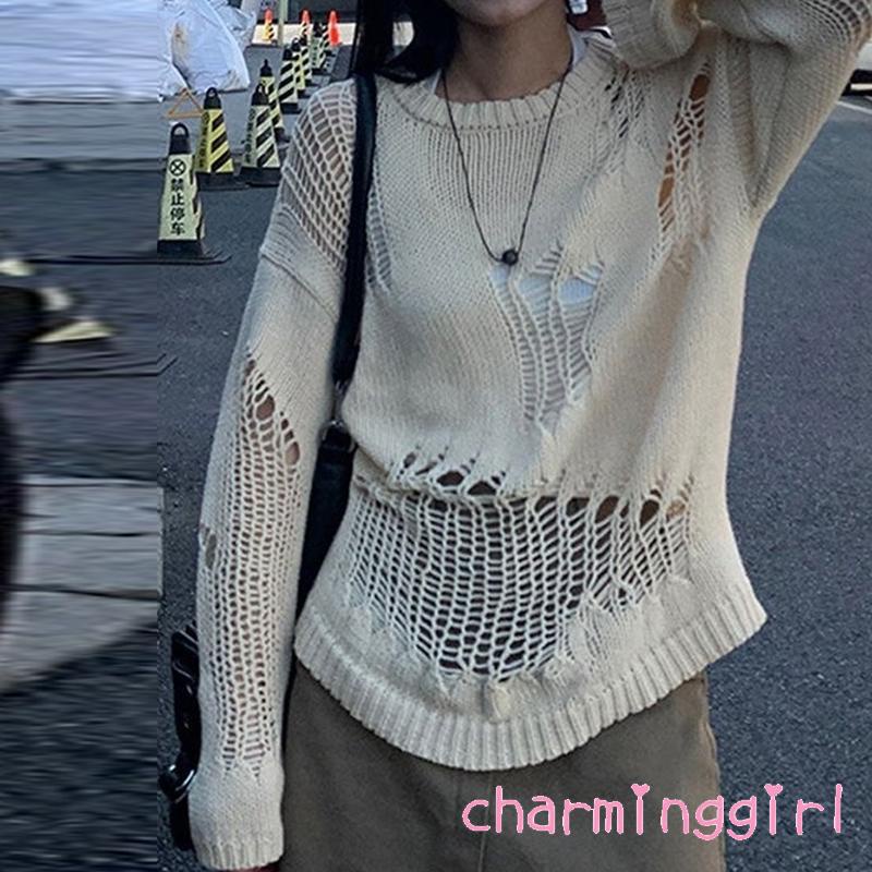 Áo Sweater Dệt Kim Tay Dài Cổ Tròn Màu Trơn Thiết Kế Độc Đáo Thời Trang Cho Nữ