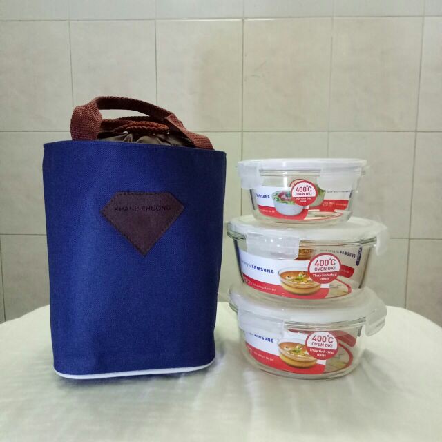 Bộ 3 Hộp Thủy Tinh Lock & Lock 870ml - 380ml - 380ml Và Túi Giữ Nhiệt