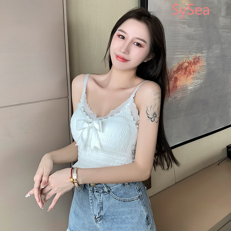 Áo hai dây dáng ôm cổ chữ V đính ngọc trai nhân tạo thời trang mùa hè