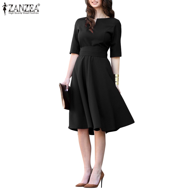 Đầm midi ZANZEA tay ngắn cổ chữ V dáng rộng có dây thắt lưng thời trang dành cho nữ