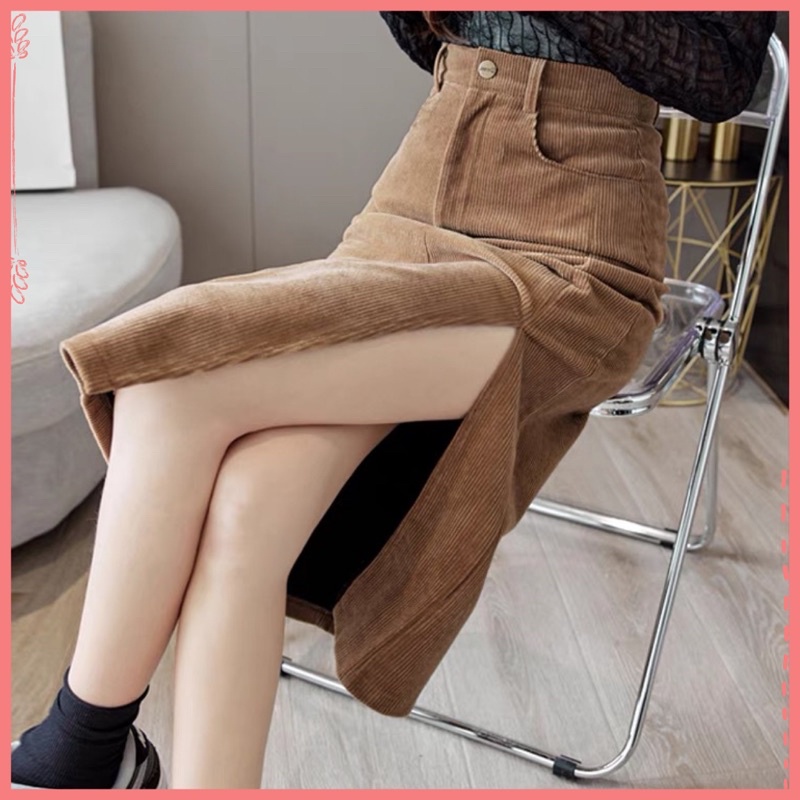 Chân váy nhung tăm dài xẻ đùi dáng váy chữ A. Chân váy công sở vintage quảng châu