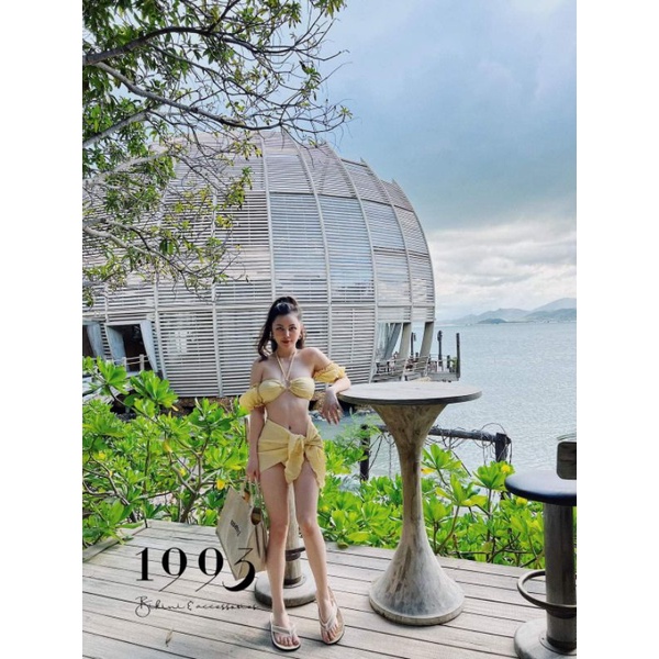 Set bikini bộ bơi đồ bơi nữ đi biển cúp ngực phối khoen tay phồng kèm khăn quấn EVA S3MTBK