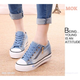 Giày Thể Thao đế cao 6cm đế mềm vải jean dây kéo