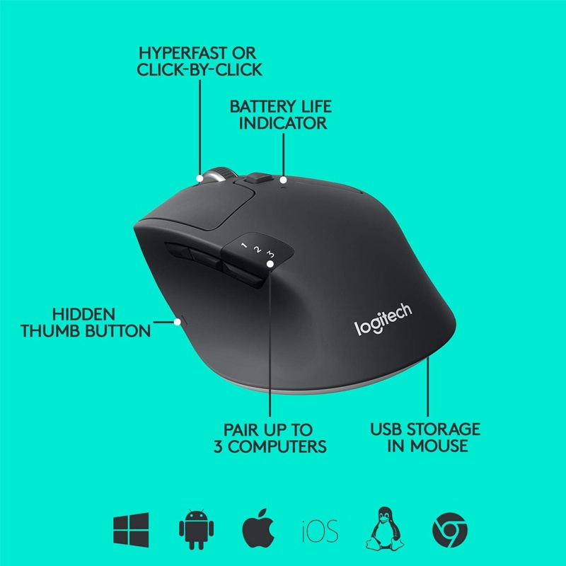 Chuột Logitech Triathlon M720 - Kết nối cùng lúc 3 thiết bị -qua Bluetooth hoặc USB receiver không dây - Hàng chính hãng