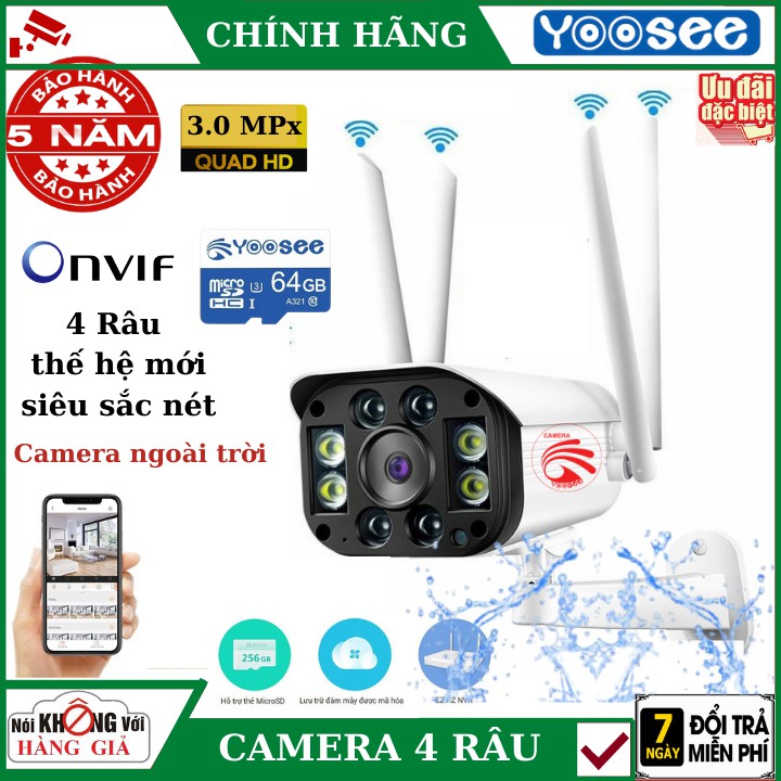 Camera ip wifi ngoài trời yoosee 4 râu , 3.0 MPx  , có màu ban đêm , cảm biến chuyển động , đàm thoại  2 chiều