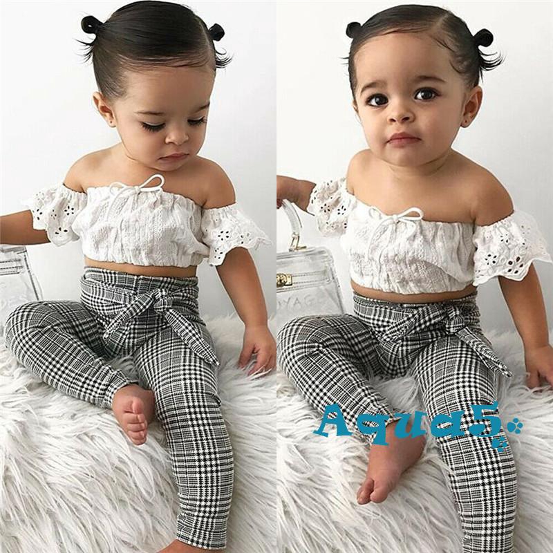 Bộ Quần Áo Mùa Hè Gồm Áo Crop Top Ren + Quần Dài Sọc Caro Dành Cho Bé Gái 2-7 Tuổi