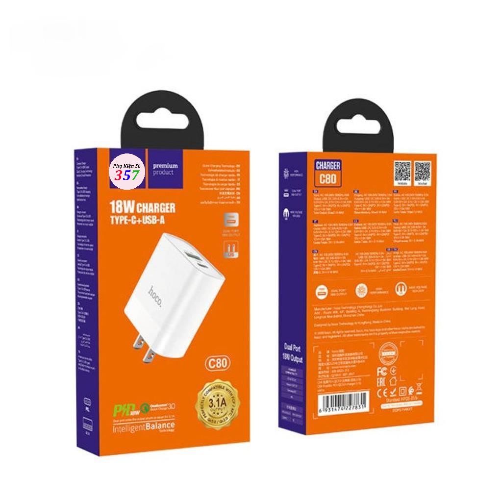 Củ sạc nhanh Hoco C80 tích hợp 2 cổng sạc USB và Type-C hỗ trợ sạc nhanh QC3.0 và PD 20W cho tốc độ sạc thiết bị tối đa