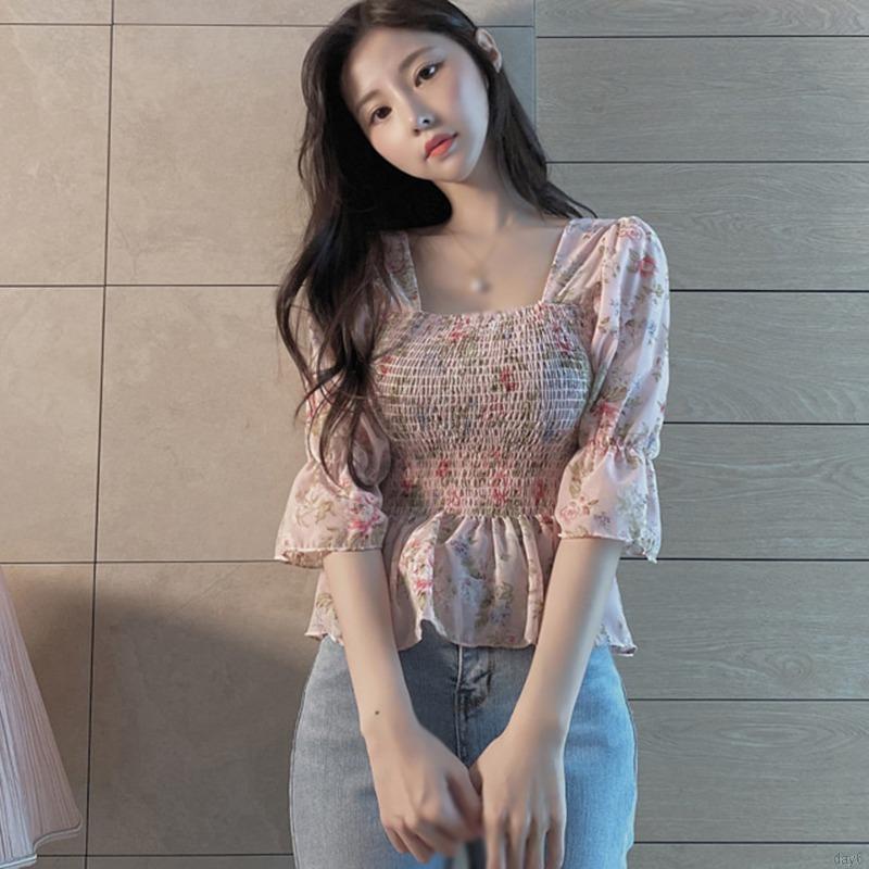 Áo Kiểu Chất Chiffon Tay Ngắn Cổ Vuông Hoạ Tiết Hoa Phong Cách Hàn Quốc