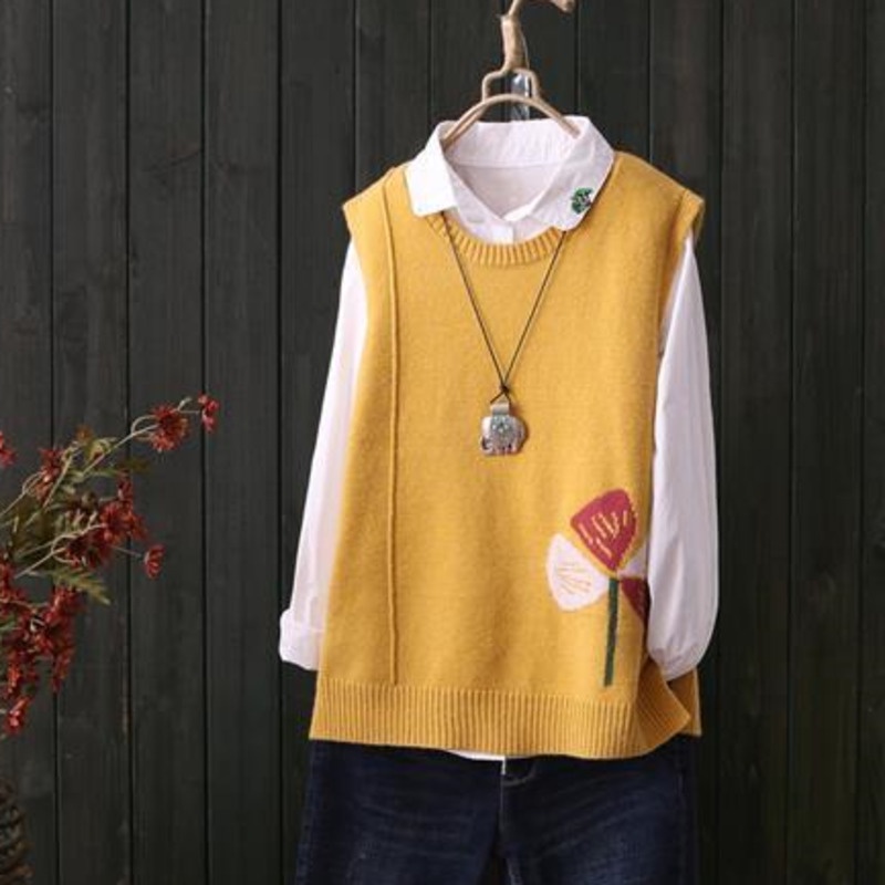 Áo Sweater Dệt Kim Không Tay Dáng Rộng Màu Sắc Tương Phản Phong Cách Retro Dành Cho Nữ