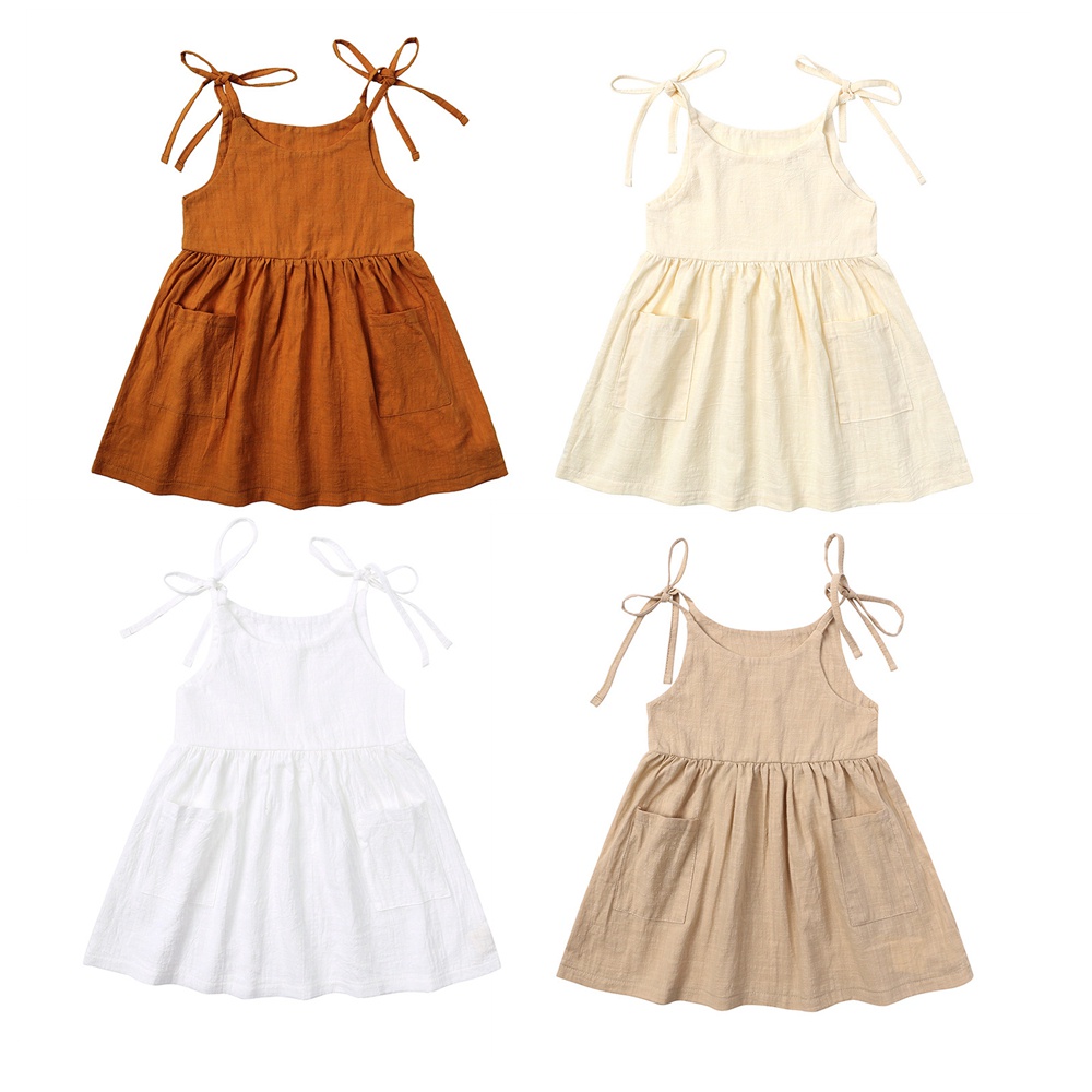 Đầm Cotton Lanh Hai Dây Màu Trơn Có Túi Thoáng Khí Dành Cho Bé Gái 1-6 Tuổi