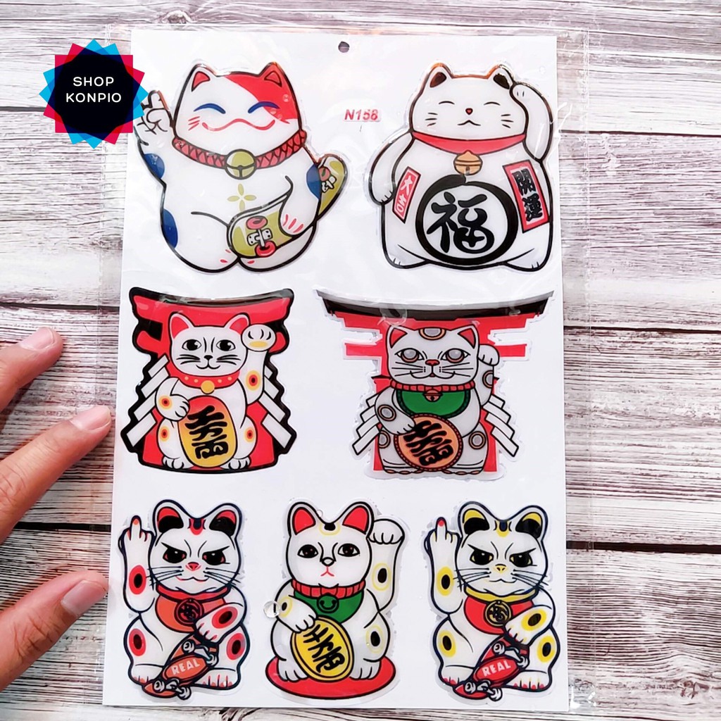 Bộ Tem Sticker Mèo Thần Tài Dập Nổi Cao Cấp Dán Xe Máy, Ô Tô, Mũ Bảo Hiểm, Chống Thấm Nước, Chống Bay Màu