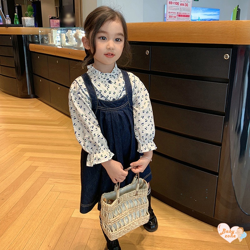Bộ Áo Sơ Mi Tay Dài In Hoa + Váy Yếm Denim Dễ Thương Cho Bé Gái