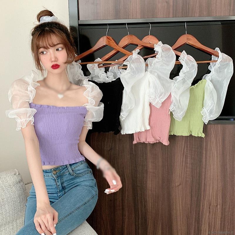 Áo Croptop Dệt Kim Tay Ngắn Cổ Vuông Phong Cách Hàn Quốc