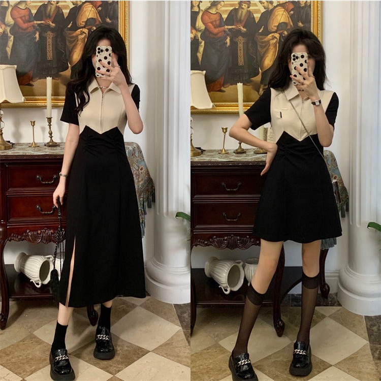 Color collision Design split-forked dress Women's Spring and Summer Korean version 2022 new POLO collar waist show thin short-sleeved skirt