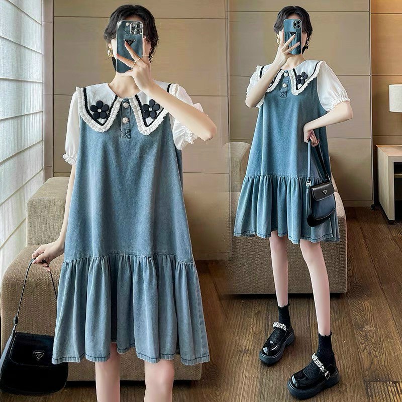 Váy Bầu Đầm Bầu Thiết Kế Thời Trang Chất Bò Mềm Mịn, Cổ Thêu Hoa,Tay Ngắn Dễ Thương A116 Lin Store66