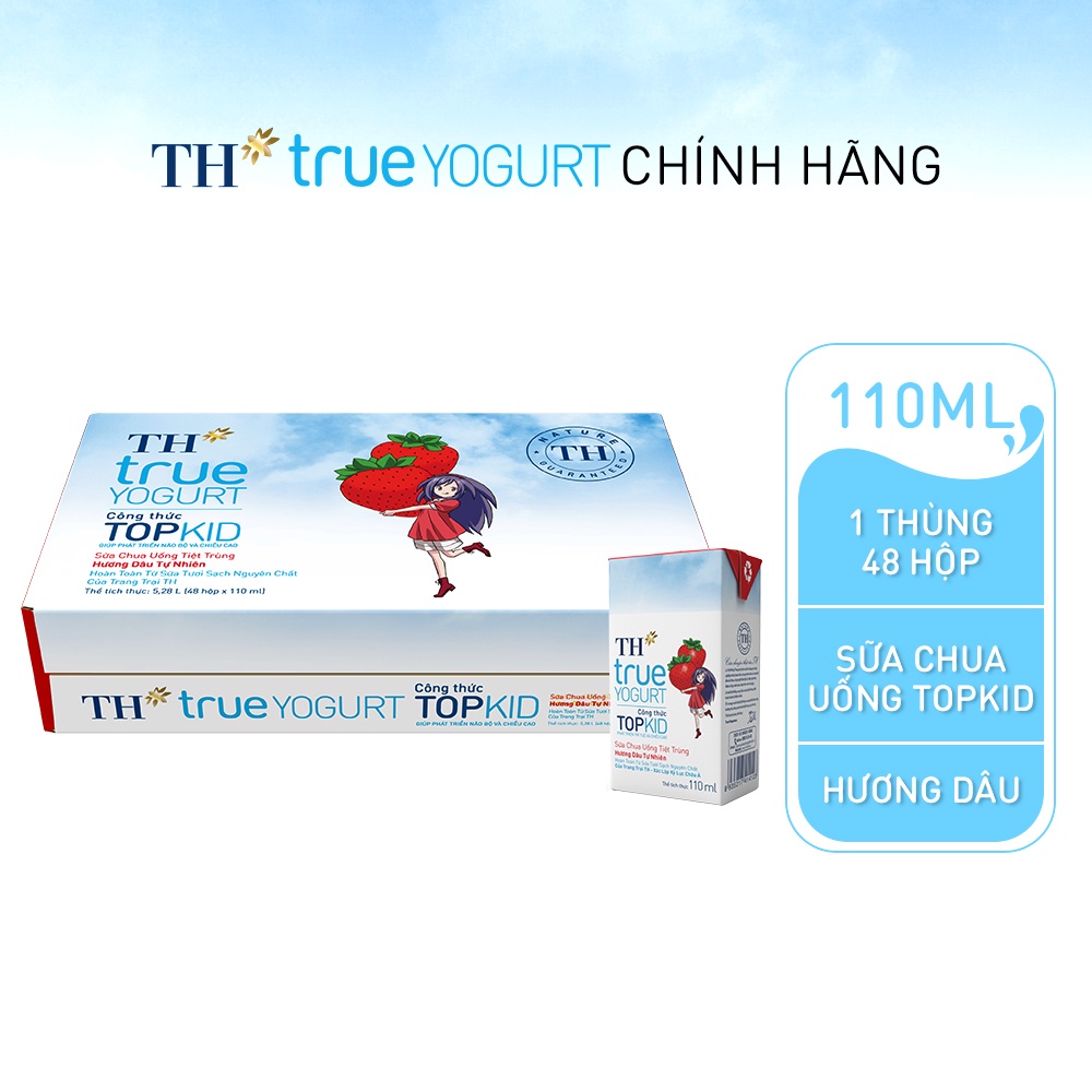 Thùng 48 hộp sữa chua uống tiệt trùng TOPKID hương dâu tự nhiên TH True Yogurt 110ml (110ml x 48)