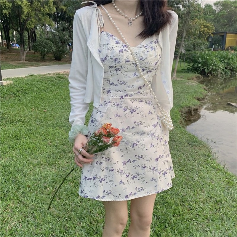 Đầm Hai Dây Họa Tiết Hoa Thời Trang Hàn Quốc Cho Nữ