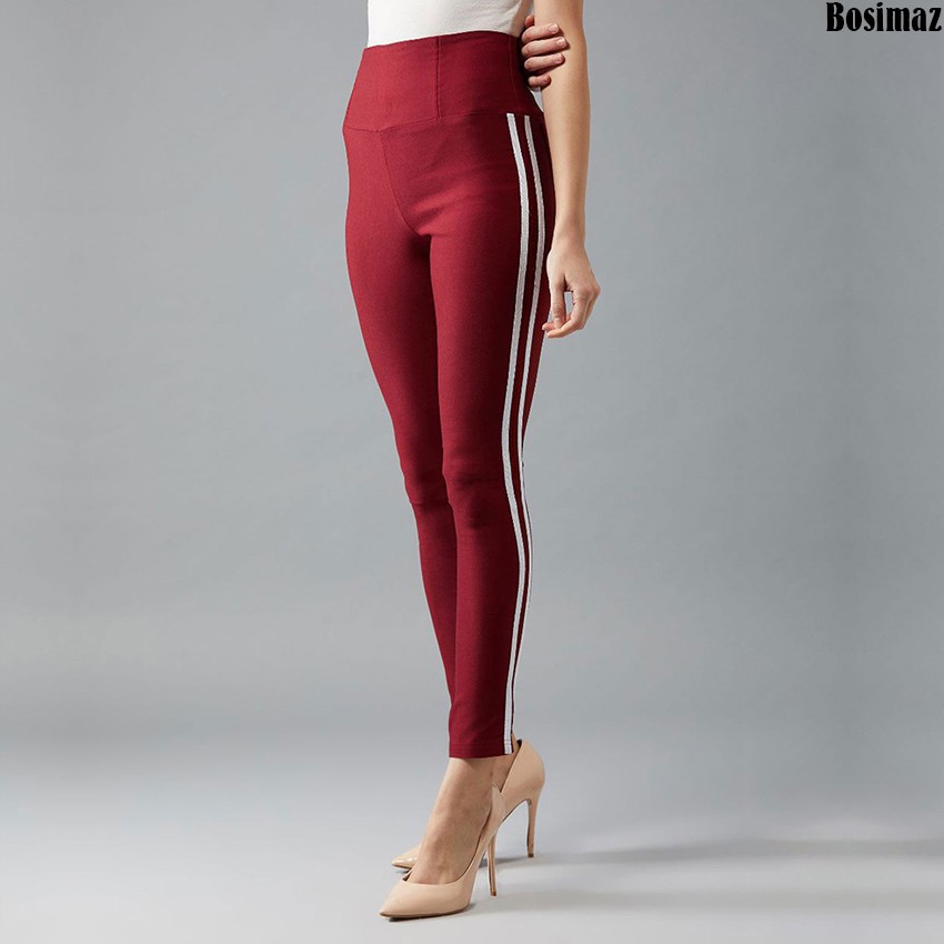 Quần Legging Nữ Bosimaz MS235 dài túi sau màu đỏ đô sọc trắng cao cấp, thun co giãn 4 chiều, vải đẹp dày, thoáng mát.