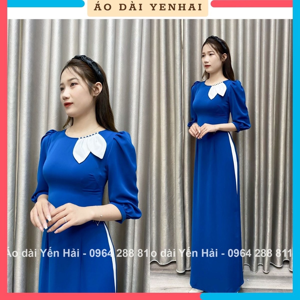 Áo dài thiết kế cách tân trẻ trung màu xanh chất lụa thái tuấn mềm mịn co giãn | HT63