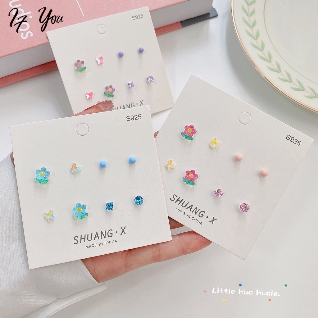 Khuyên tai nữ AY bạc 925 thiết kế đa dạng đính pha lê phong cách Hàn Quốc