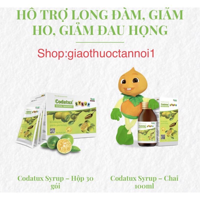 Siro ho Codatux syrup - Hỗ trợ long đàm, giảm ho, giảm đau họng. Trẻ em 1 tuổi trở lên, người lớn bị ho khan, ho có đàm